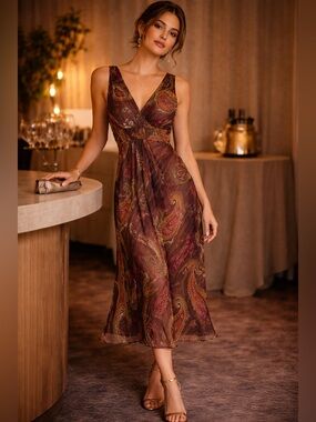 Planet | Silk Lurex Paisley Midi Dress | Metallic Thread | Size 8
